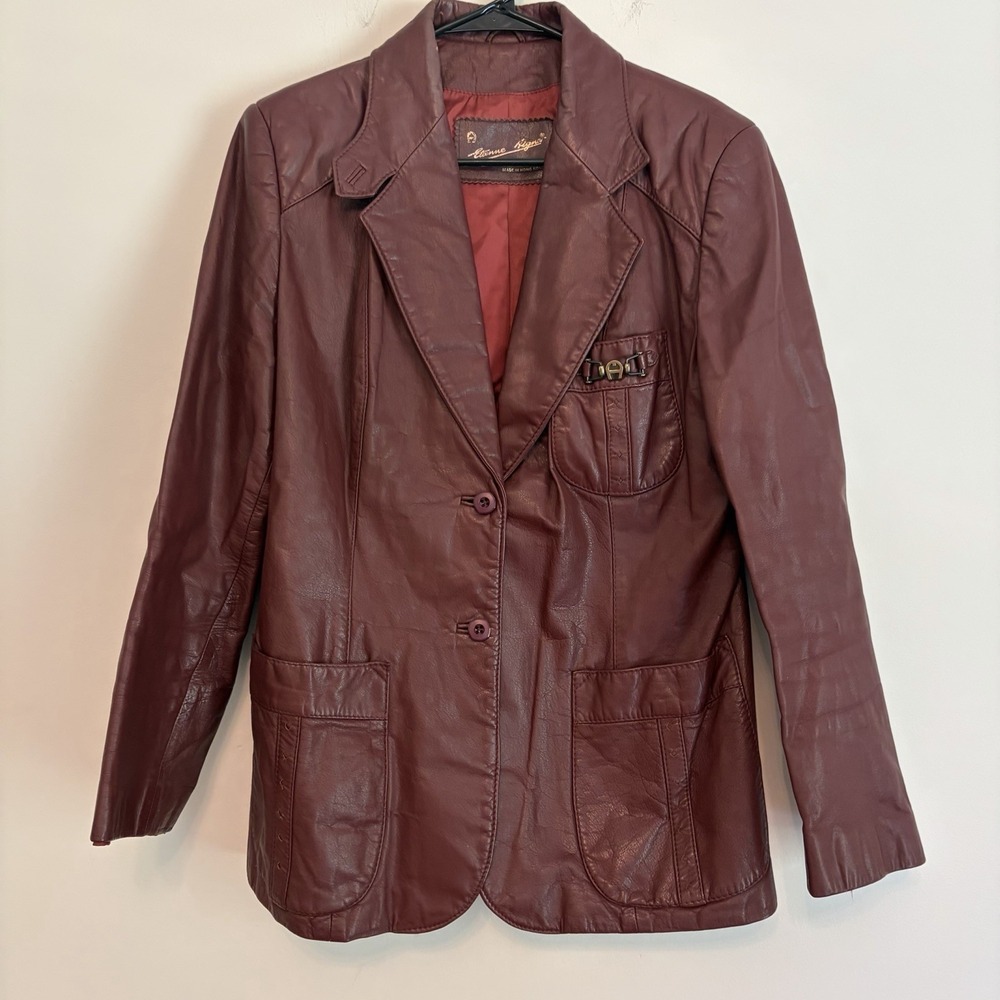 VTG Etienne Aigner Jacket 18 Oxblood Burgundy Leather Blazer Equestrian 80s Coat